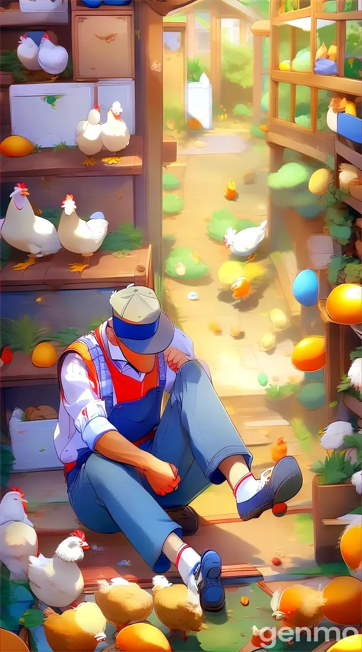 a man sitting on the ground surrounded by chickens