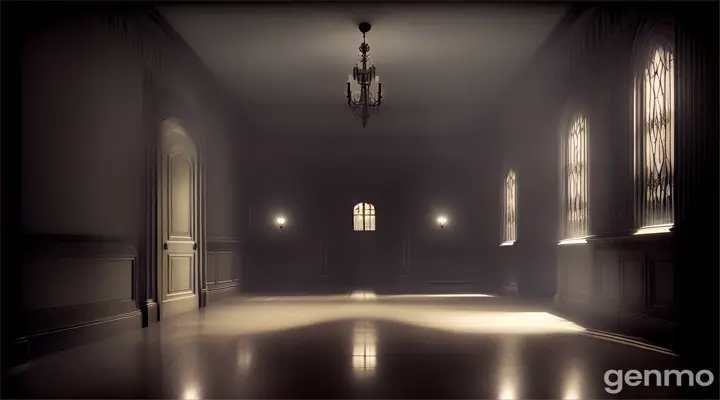 Dark Corridor: A long, dark corridor in an old mansion with flickering lights and an oppressive feel.