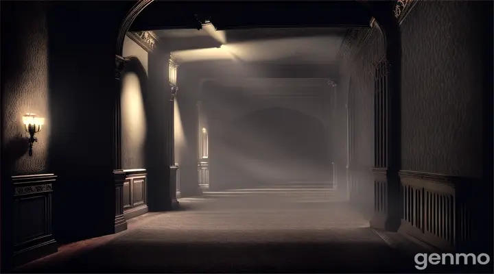 Dark Corridor: A long, dark corridor in an old mansion with flickering lights and an oppressive feel.