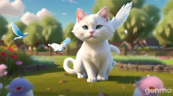 a white cat catching birds. 3d animation for kids. 16:9