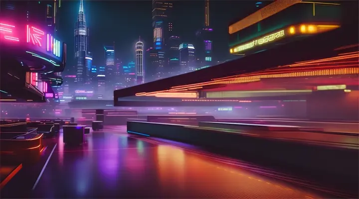 Cyberpunk style cityscape at night, cinematic lighting, shadows, and depth of field to focus on cyber cafe terrace.