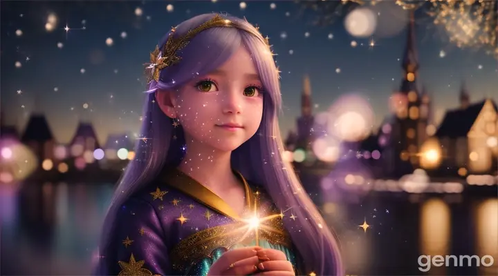 a girl lily holding sparkling star  shimmered in the moonlight, and their magic dust twinkled like stars  at  night in the edge of village produce trail of dust magic in sparkling  16:9