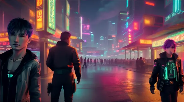 Cyberpunk style cityscape at night, cinematic lighting, people shadows, and depth of field to focus on cyber cafe terrace.