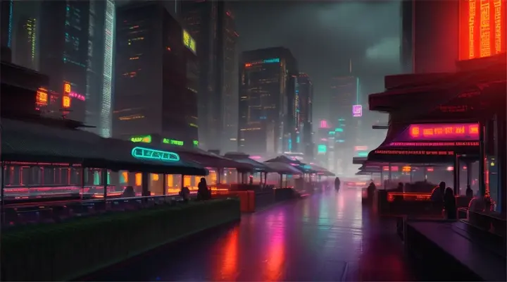 Cyberpunk style cityscape at night, cinematic lighting, people shadows, and depth of field to focus on cyber cafe terrace.