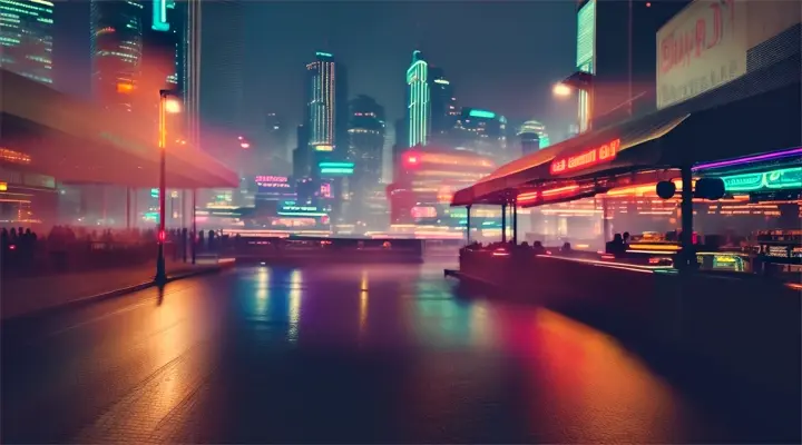 Cyberpunk style cityscape at night, cinematic lighting, people shadows, and depth of field to focus on cyber cafe terrace.