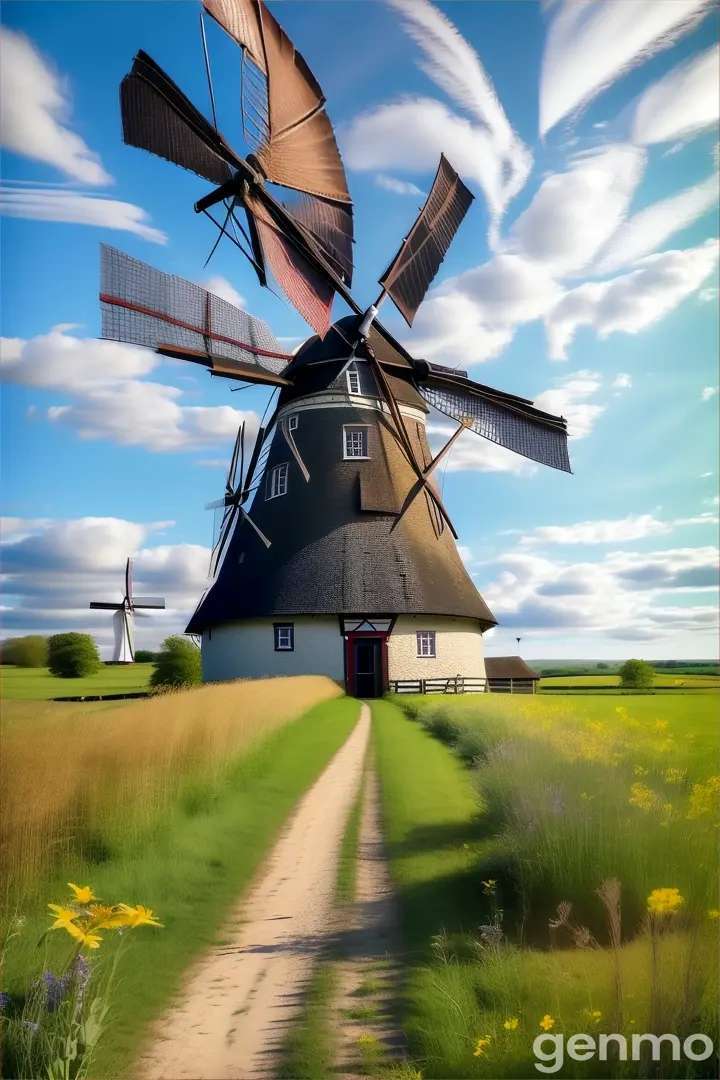 a windmill in a field with a sign in front of it