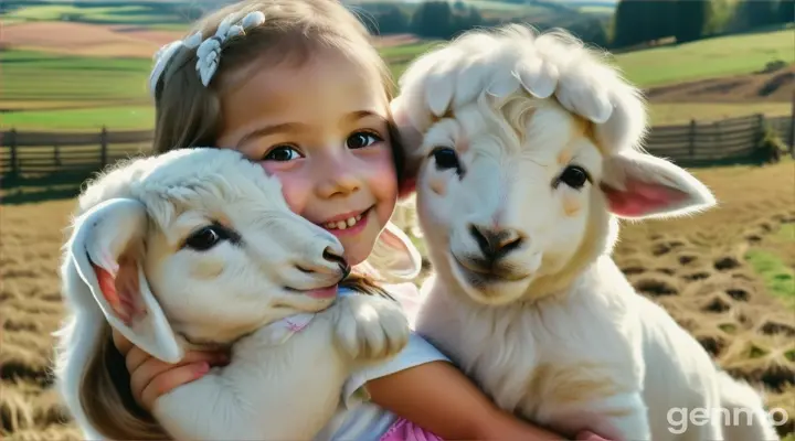 small girl and her white besutiful  lamb