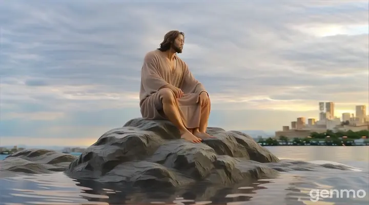 a man sitting on top of a rock in the water