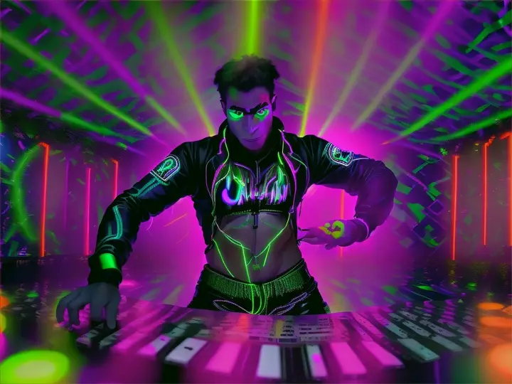 An energetic scene at a vibrant techno rave featuring a group of gorillas dressed in colorful, eye-catching outfits adorned with neon patterns and accessories. The gorillas are joyfully dancing under pulsating strobe lights and a kaleidoscope of colors, surrounded by a lively crowd of partygoers. The atmosphere is electric, with glowing LED decorations and a DJ booth in the background, where a DJ is mixing tracks. The floor is alive with movement, and the air is filled with excitement and rhythm, as confetti rains down from above, adding to the festive mood.