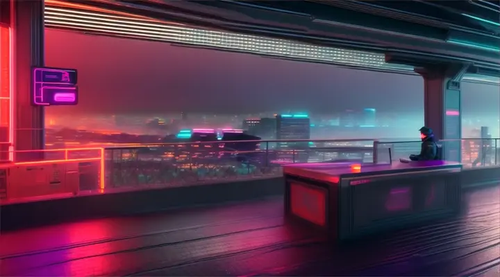 Cyberpunk style cityscape at night, cinematic lighting, people shadows, and depth of field to focus on cyber cafe terrace.