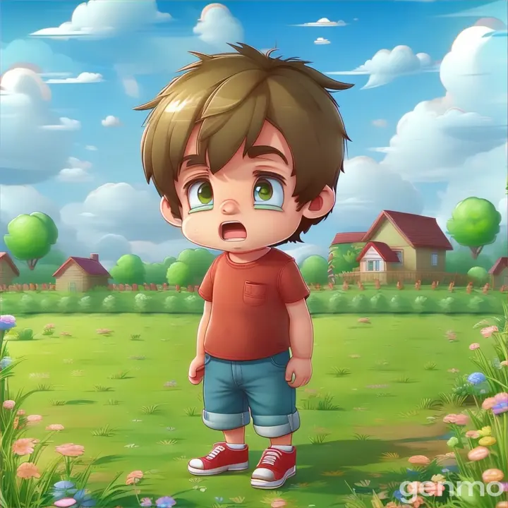 a boy talking  in a field with a house in the background 3D animation cartoon 