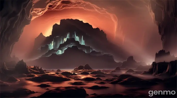 "Hercules navigates the shadowy depths of the Underworld, a realm of darkness and eerie light. The scene depicts him moving through a cavernous expanse filled with twisted rock formations, glowing rivers of molten lava, and spectral mists. The sky above is a swirling mix of dark clouds and dim, otherworldly light. Around him, souls and ghostly figures drift aimlessly, while the menacing presence of the three-headed Cerberus can be seen in the distance, guarding the gates to Hades' domain. Hercules, in his heroic armor and wielding his club, demonstrates his resolve and strength as he ventures further into the heart of this grim and foreboding realm."
