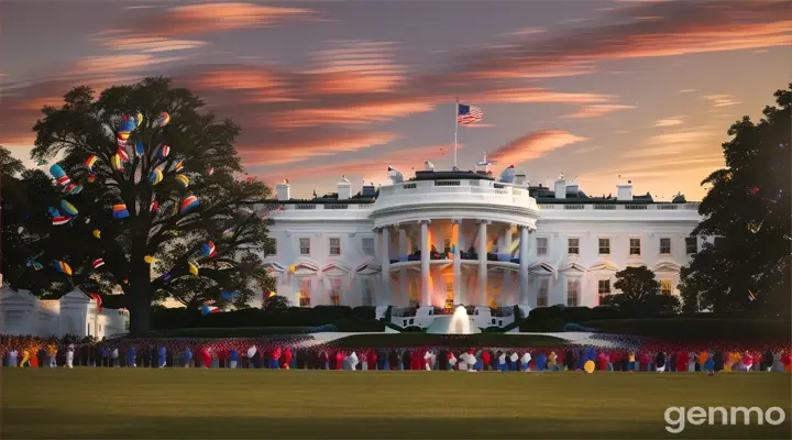 The White House with mix races of people laughing and smiling together, AR 16:9, 8K, cinematic