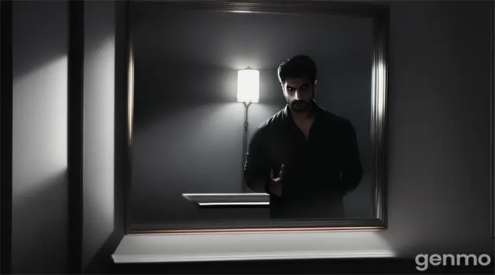 Zohaib, visibly trembling, slowly walking toward the mirror in his dimly lit room. The reflection shows nothing unusual, but the tension in the scene is palpable, with shadows looming in the background."