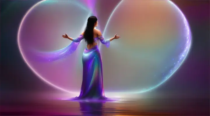 A woman dancing in front of a shimmering ocean, surrounded by misty waterfalls and a tranquil galaxy