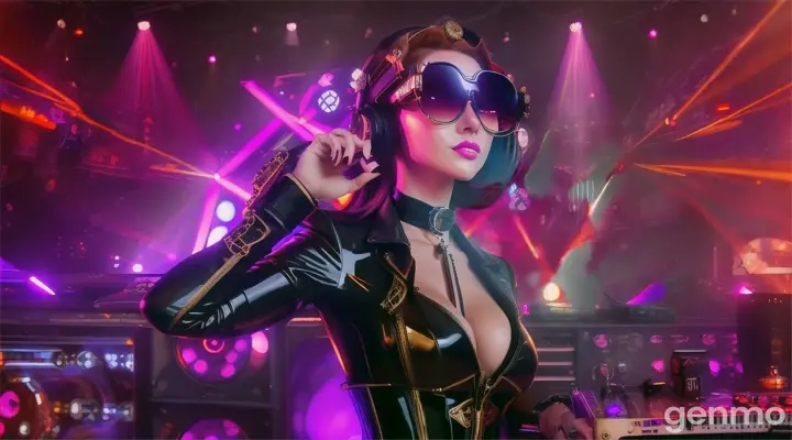 A slender woman with a bigger bust than usual in steampunk sunglasses, shiny headphones and a low-cut latex swimsuit stands near a DJ's mixing console and an electric piano in a steampunk club. A minimum of clothes. Laser beams of bright colors on the background of large television screens. “An FPV drone shot”