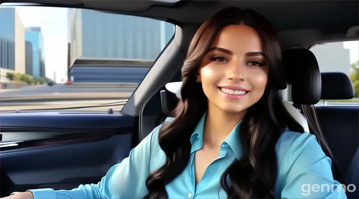 in the city, inside the SUV car, front view of a smiling young woman with Long wavy Black Hair in sky blue long sleeve blouse shirt sitting at the driver seat driving the car  