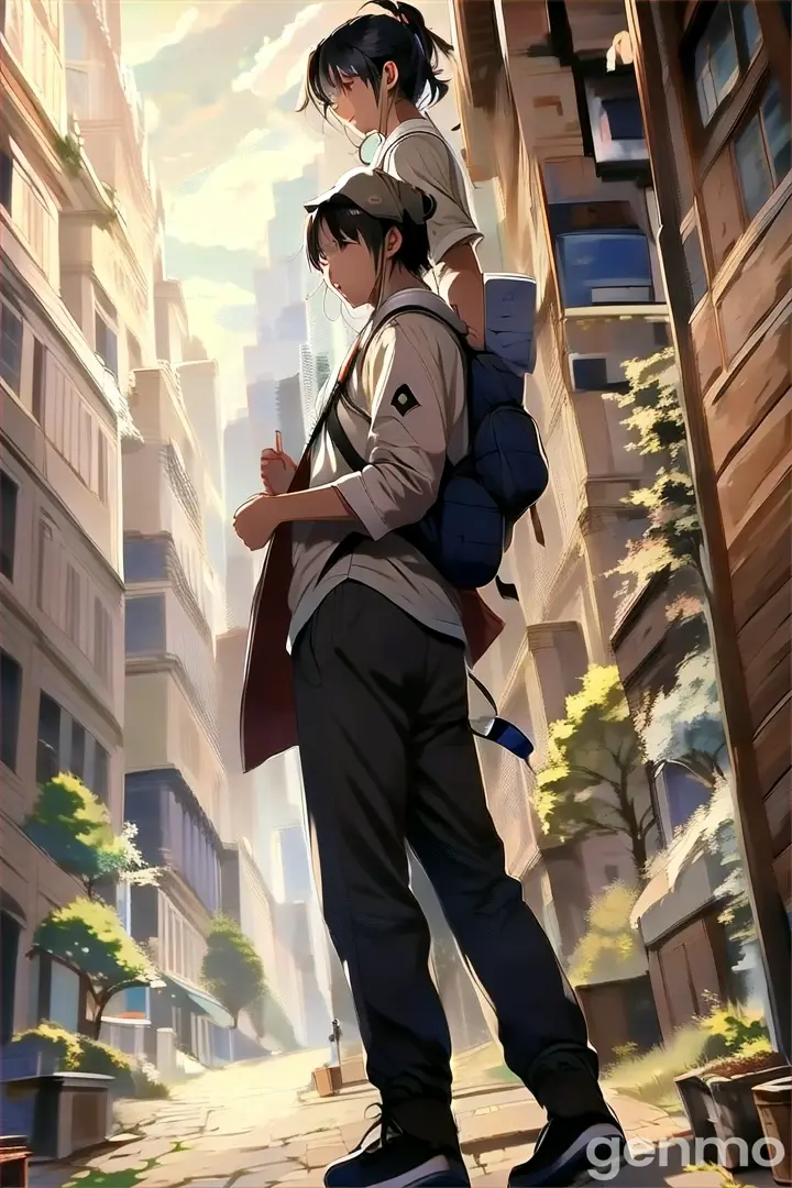 a person with a backpack standing in front of a building