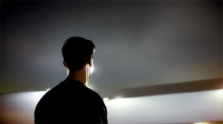 From the perspective of a camera on the ceiling, a man is standing in a parking lot at night looking at the camera.  