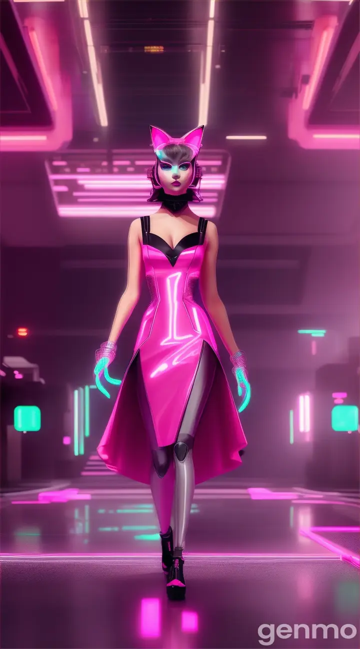 A futuristic little cat in a pink long dress is walking down the fashion ramp, perfect and prominent features, beautiful glowing neon lighting in background and audience clapping, 9:16 ratio, 4K