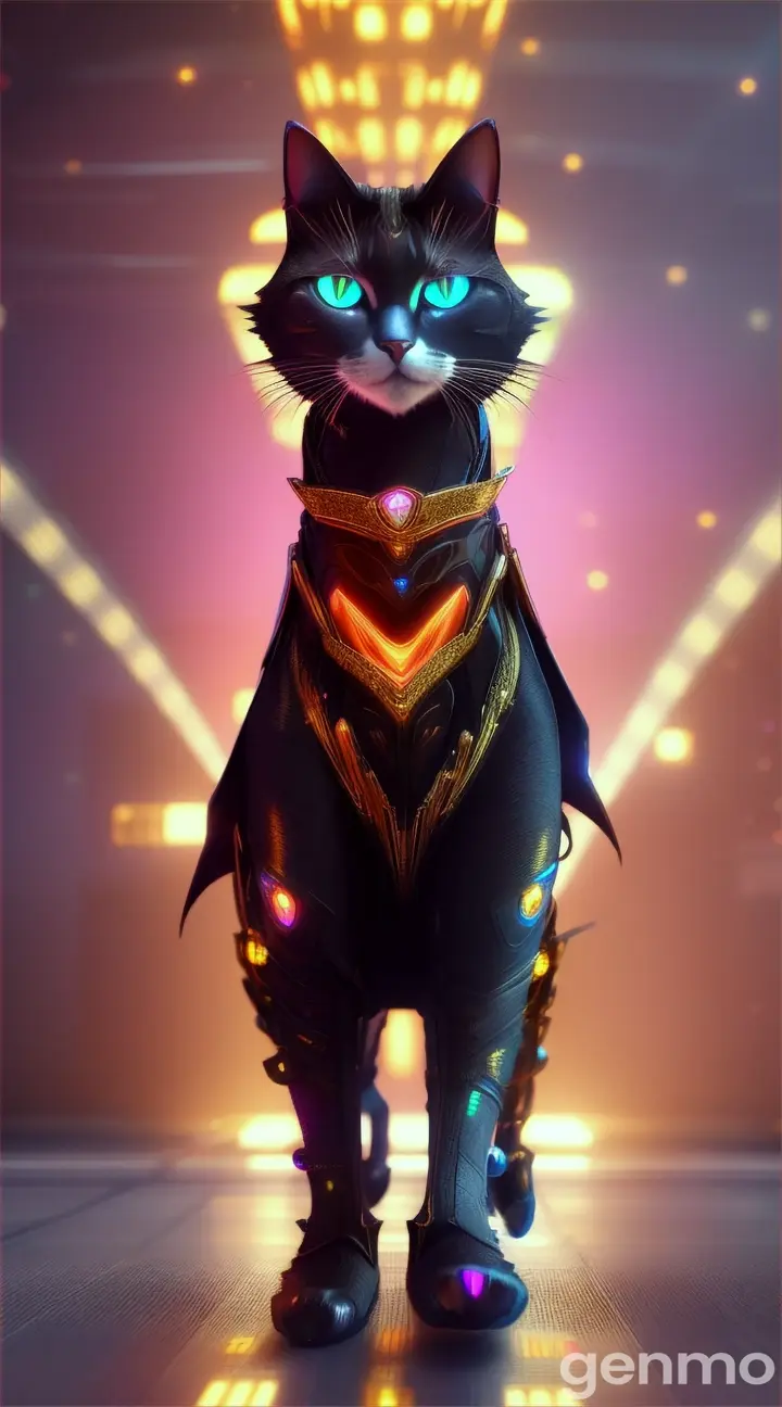 Futuristic cat "model" in expansive, beautifully-lit fashion runway, wearing intricate garments from another world, 4K, 9:16 ratio