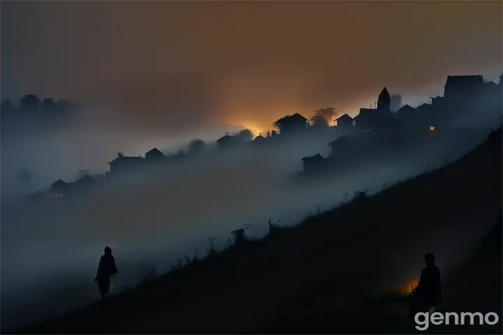 A distant view of Shivpur village at dusk, with an eerie fog settling over the houses. Shadows seem to move on their own, and a faint, ghostly silhouette of a woman can be seen standing at the edge of the village, looking towards the forest, as if waiting for the next "खूनी रात."