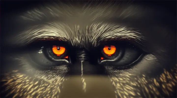 Close-up of glowing eyes lurking in the darkness of the forest, completely black background, yellowish light from the eyes, evoking fear and curiosity --ar 16:9 --v 5 --style unsettling --colors black and yellow"

