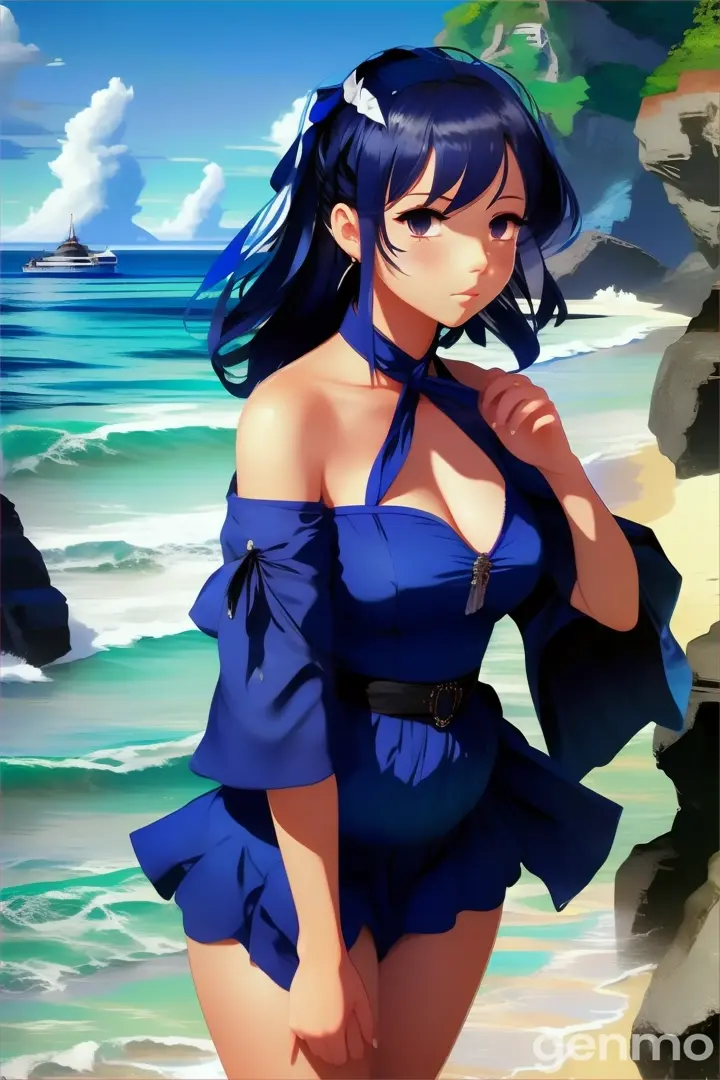 a woman in a blue dress standing on a beach