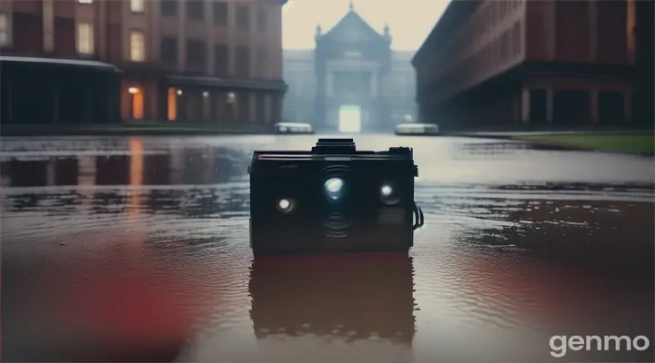 **The Abandoned Camera**: An abandoned video camera lying on the cold, damp ground near the college's back site. The camera’s screen shows the last recorded image—a blurred, distorted view of the Horror ghostly figure approaching. The area around the camera is dark and eerie, with the college building looming in the background.
