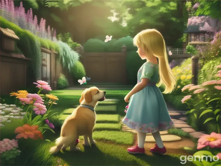 animation blonde little girl playing with her dog in the garden