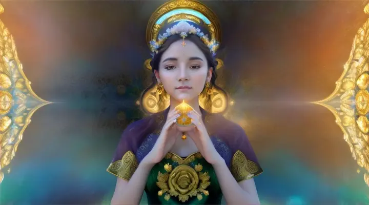 Celestial goddess in tranquil garden filled with exotic glowing flowers, gazing at reflective pool while wearing a shimmering star gownp.