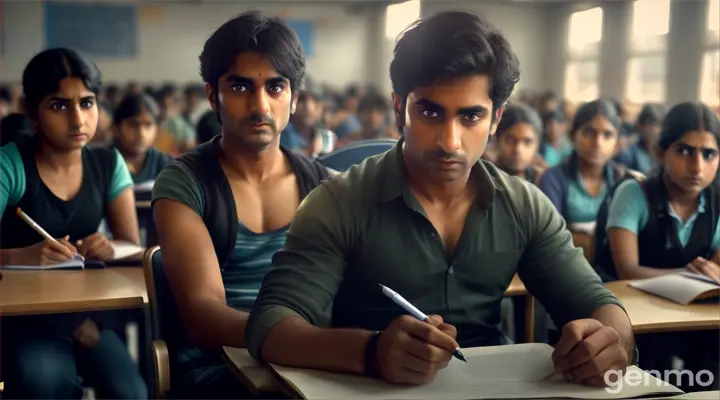 Final Exam TensionVisual Prompt: Show Arun sitting in an exam hall, pen in hand, with a look of deep concentration on his face. The hall is filled with students, but the focus is on Arun as he writes his answers with determination. The atmosphere is tense but charged with his resolve to succeed.