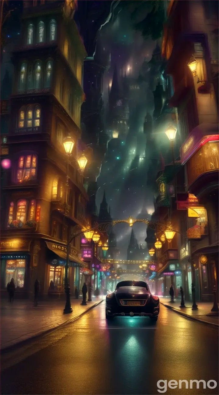 A busy street corner at night in the fantasy city, with lamp-posts powered by glowing magical crystals