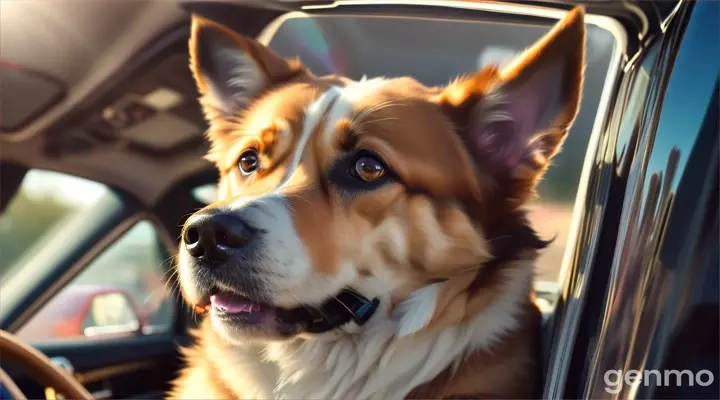 Cinematic, a dog in a car window