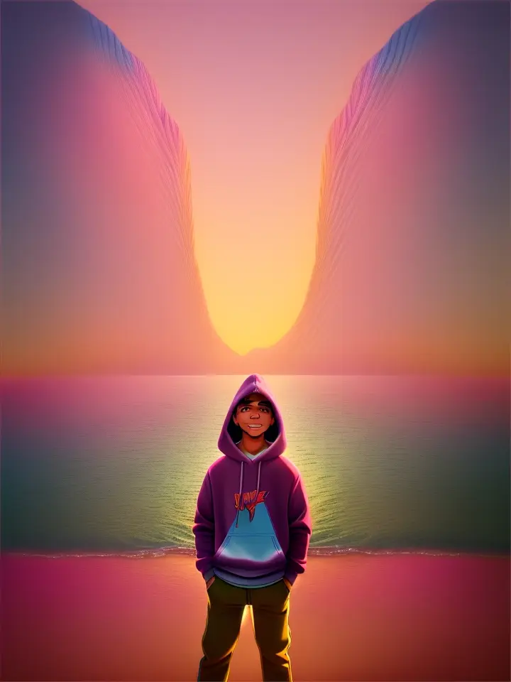  in a surreal scene, a smooth-talking, energetic young man in a hoodie, who resembles drake, engages in conversation with a lazy, orange, lasagna-loving comic strip cat, garfield, in a vibrant and quirky world that blends reality with animation, with a dreamy, pastel color palette, and a soft, whimsical lighting effect, cartoon style