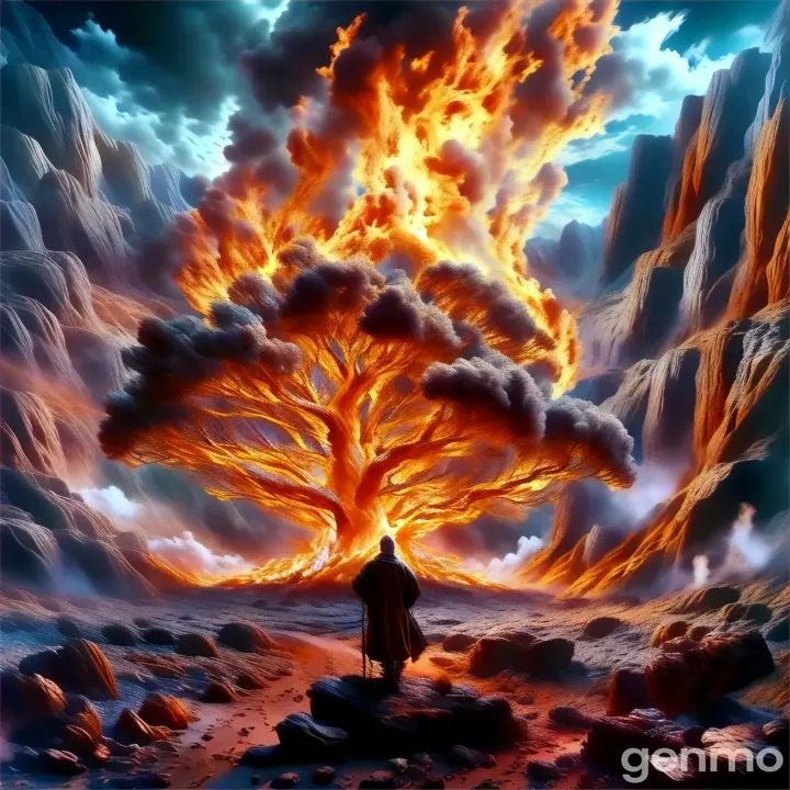 a man standing in front of a fire filled tree