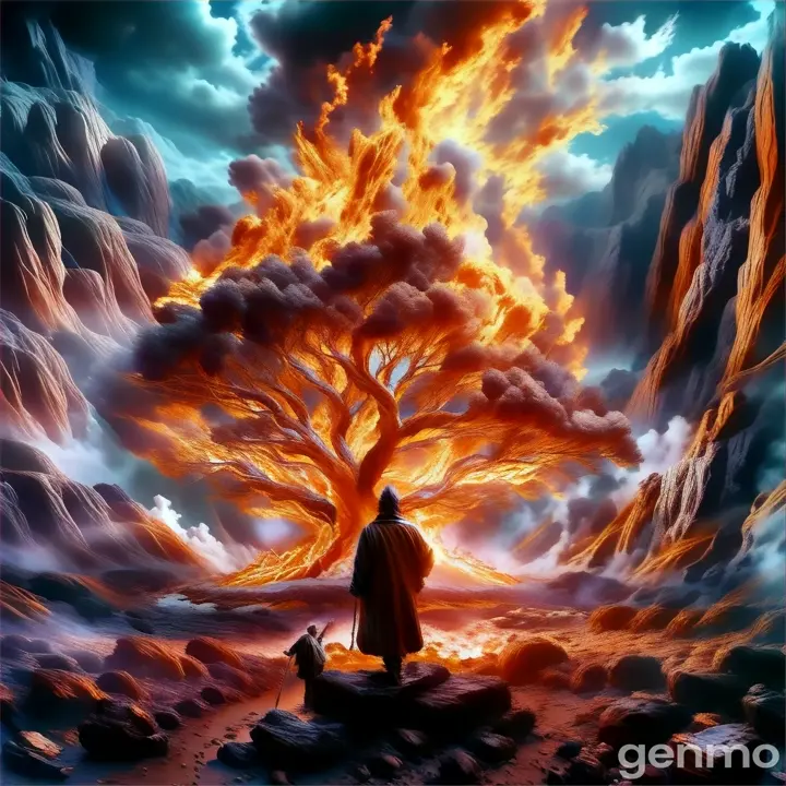 a man standing in front of a fire filled tree