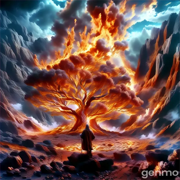 a man standing in front of a fire filled tree