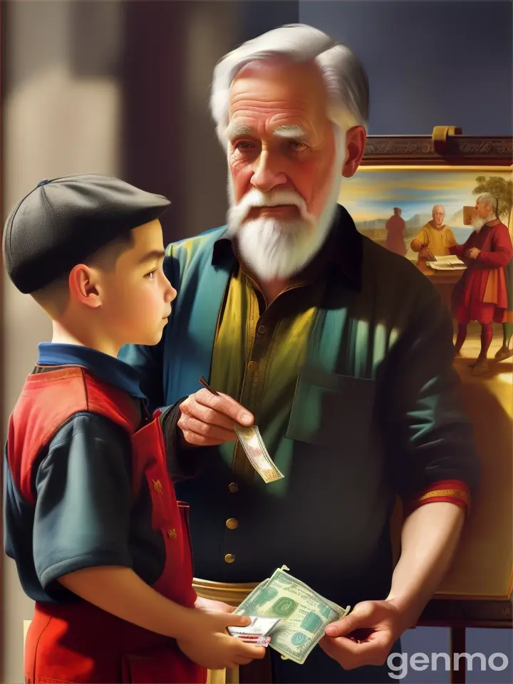 a painting of an old man handing money to a young boy movement 