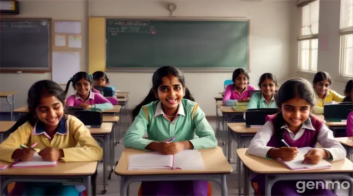 A bright classroom filled with students, desks arranged neatly, a chalkboard at the front, and Radha and Pooja sitting together, chatting and smiling.