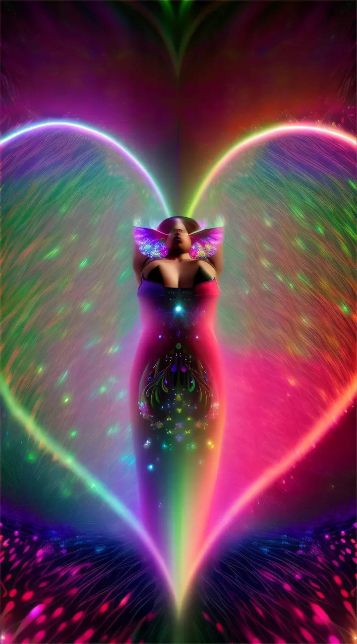 Celestial goddess in a dress of aurora lights singing through a grove of rainbow-colored bioluminescent flowers