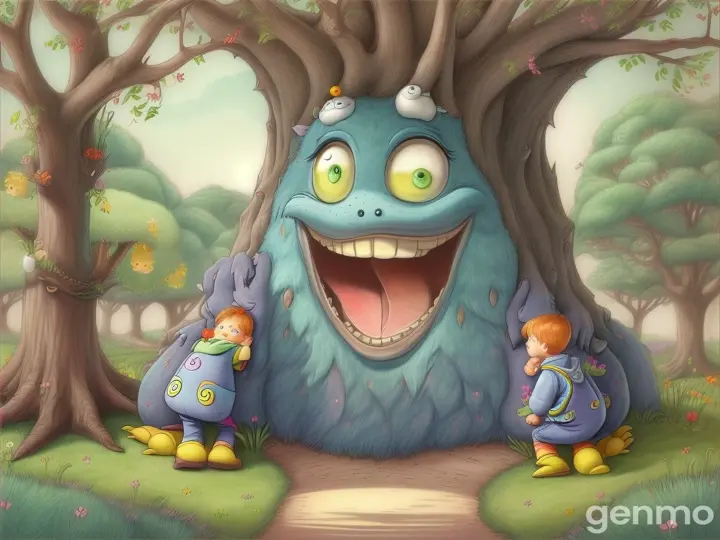 The tickle monster's coming,
He's hiding in the trees,
He's got a sneaky giggle,
And he's gonna tickle your knees!