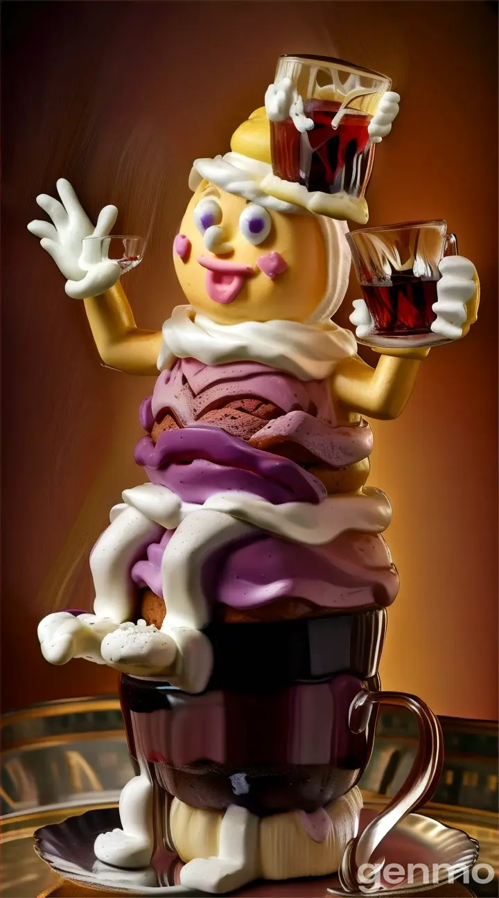 a statue of a cupcake holding a glass of coffee