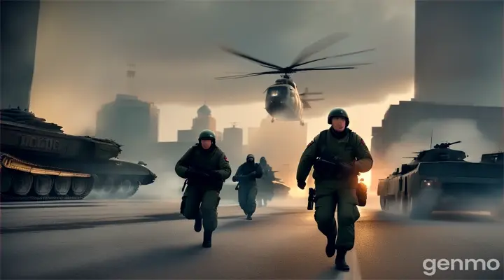 EXT. MOSCOW DOWNTOWN - LATER
Lieutenant Podgorniy and his squad reach Mercury City Tower,
using it as cover from the ongoing assault. The helicopters
make altitude so the paratroopers can get ready to jump.
KASATKA PILOT 1
Zinaida-11. Lieutenant Podgorniy,
get ready to launch your squad.
Зинаида-11. Лейтенант Подгорный,
будьте готовы выпустить свой отряд.
WATCHMAN
(sternly over radio)
Hold your position, Lieutenant!
Reinforcements are en route and
should arrive shortly. Hold tight!
Держите позицию, лейтенант!
Подкрепление уже в пути и должно
прибыть в ближайшее время.
Держитесь крепче!
KASATKA PILOT 2
Time on target: twenty seconds.