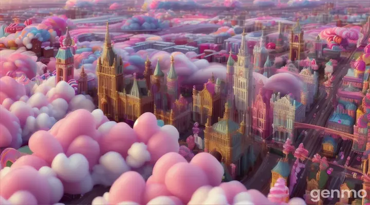 A city floating high above candy land, with buildings made of spun sugar and clouds of cotton candy serving as the streets. The inhabitants, made of various candies, glide effortlessly from building to building on licorice ropes and candy vines. The city glows with a soft, ethereal light as the sun sets, turning the cotton candy clouds pink and purple. Hyperreal, photorealistic, hyper-detailed, cinematic, 16:9, Ultra 8K.

