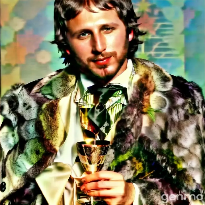 a man in a fur coat holding a wine glass