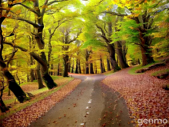 a road in the middle of a forest with lots of leaves on the ground