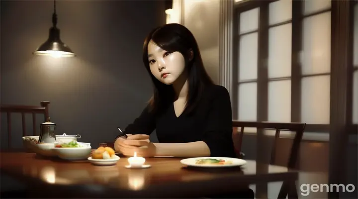 Cinematic, Ji-eun sitting at the dinner table, realistic photography, anxious and expectant atmosphere, soft indoor lighting --ar 16:9