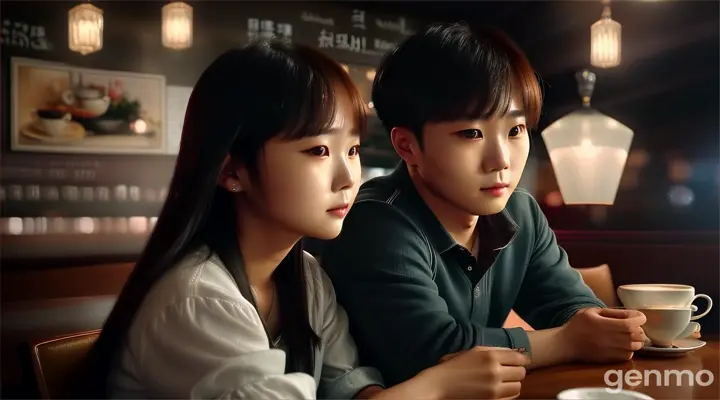 Cinematic, Ji-eun meeting Seong-jin secretly in a secluded café, realistic photography, intense and secretive atmosphere, soft café lighting --ar 16:9