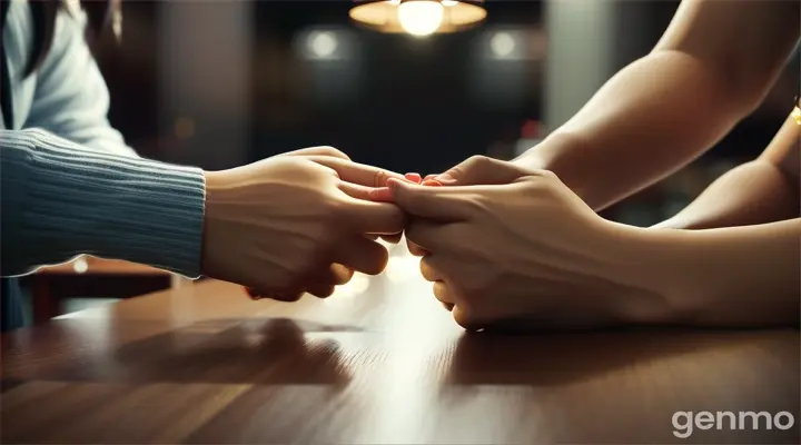 Cinematic, Ji-eun and Seong-jin holding hands under the table, realistic photography, intimate and forbidden atmosphere, soft indoor lighting --ar 16:9